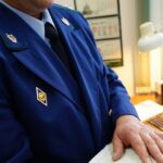 Мужчина в синем форменном кителе с документами у рабочего стола
