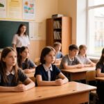 Школьники сидят за партами, у доски стоит учительница