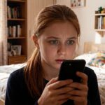 Встревоженная девочка держит смартфон обеими руками в спальне с кроватью, книжными полками и игрушками