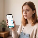 Встревоженная девушка держит перед собой смартфон с открытым приложением для денежных операций