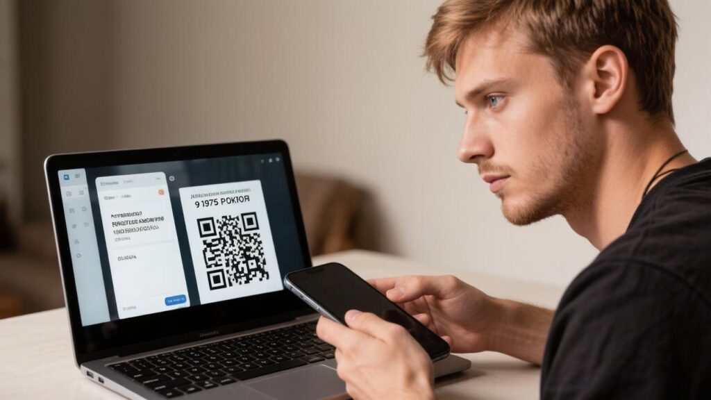 Мужчина держит смартфон рядом с ноутбуком, на экране которого открыт QR-код для оплаты