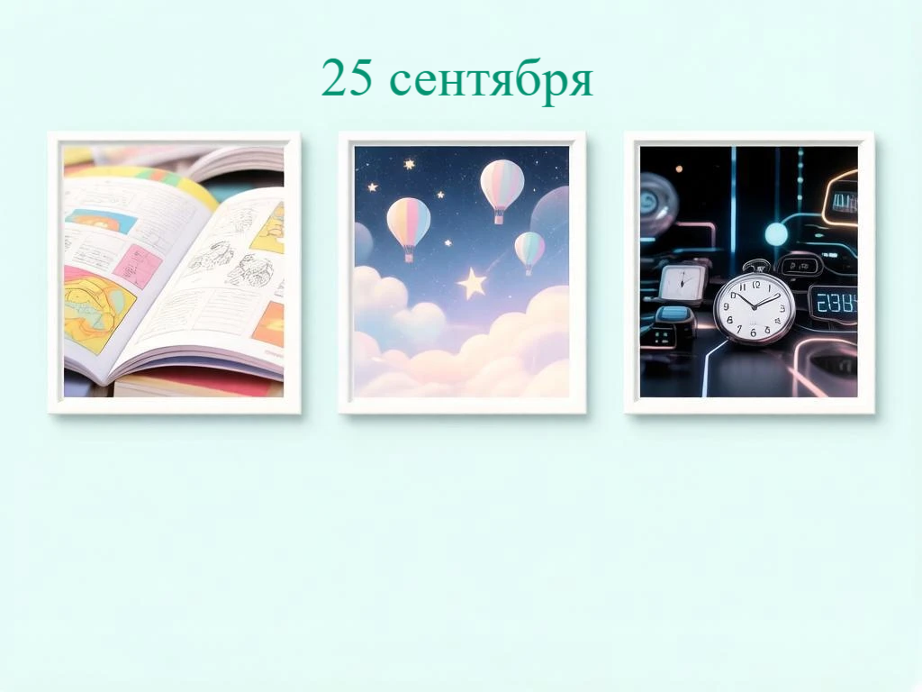 Надпись «25 сентября» и три изображения: раскрытый комикс, воздушные шары в облаках и механические часы среди электронных