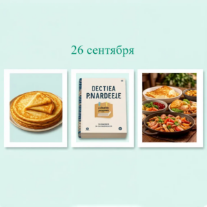 Коллаж с датой «26 сентября»: стопка блинов, книга и стол с несколькими блюдами в белых рамках