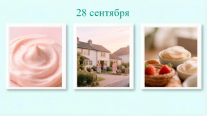 Коллаж с розовым кремом, людьми у загородных домов и десертом с клубникой; сверху надпись «28 сентября»