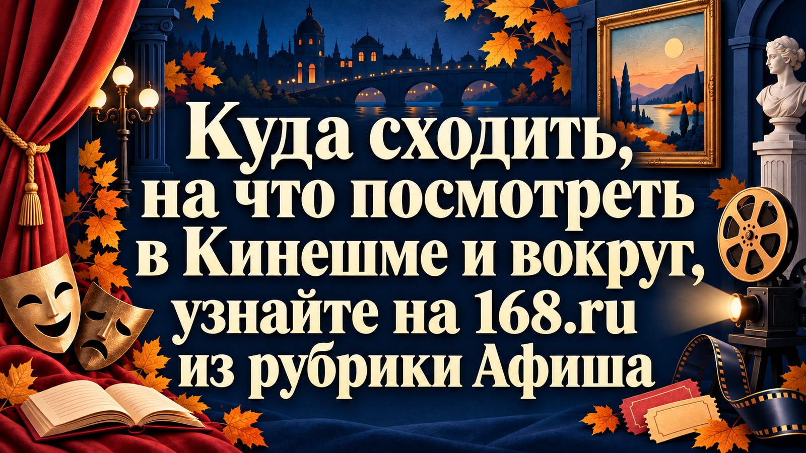 Осенняя афиша событий Кинешмы и окрестностей: театральные маски, книга, билеты и кинопроектор