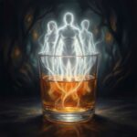 стакан с коричневым спиртным, из которого поднимаются светящиеся силуэты людей