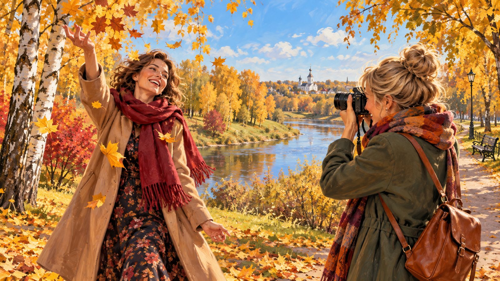 Две подруги устраивают осеннюю фотосессию среди золотых деревьев у реки