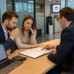 Трое человек за офисным столом: банковский менеджер показывает документы паре клиентов; на столе — ноутбук с таблицей и калькулятор.