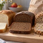 Белый пшеничный, тёмный и зерновой хлеб с ломтиками на деревянной доске