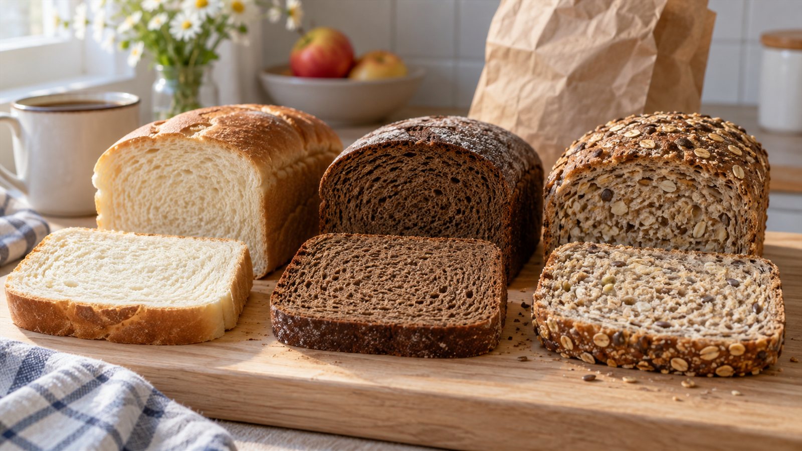Белый пшеничный, тёмный и зерновой хлеб с ломтиками на деревянной доске