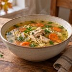 Тарелка куриного супа с морковью и зеленью на деревянном столе.