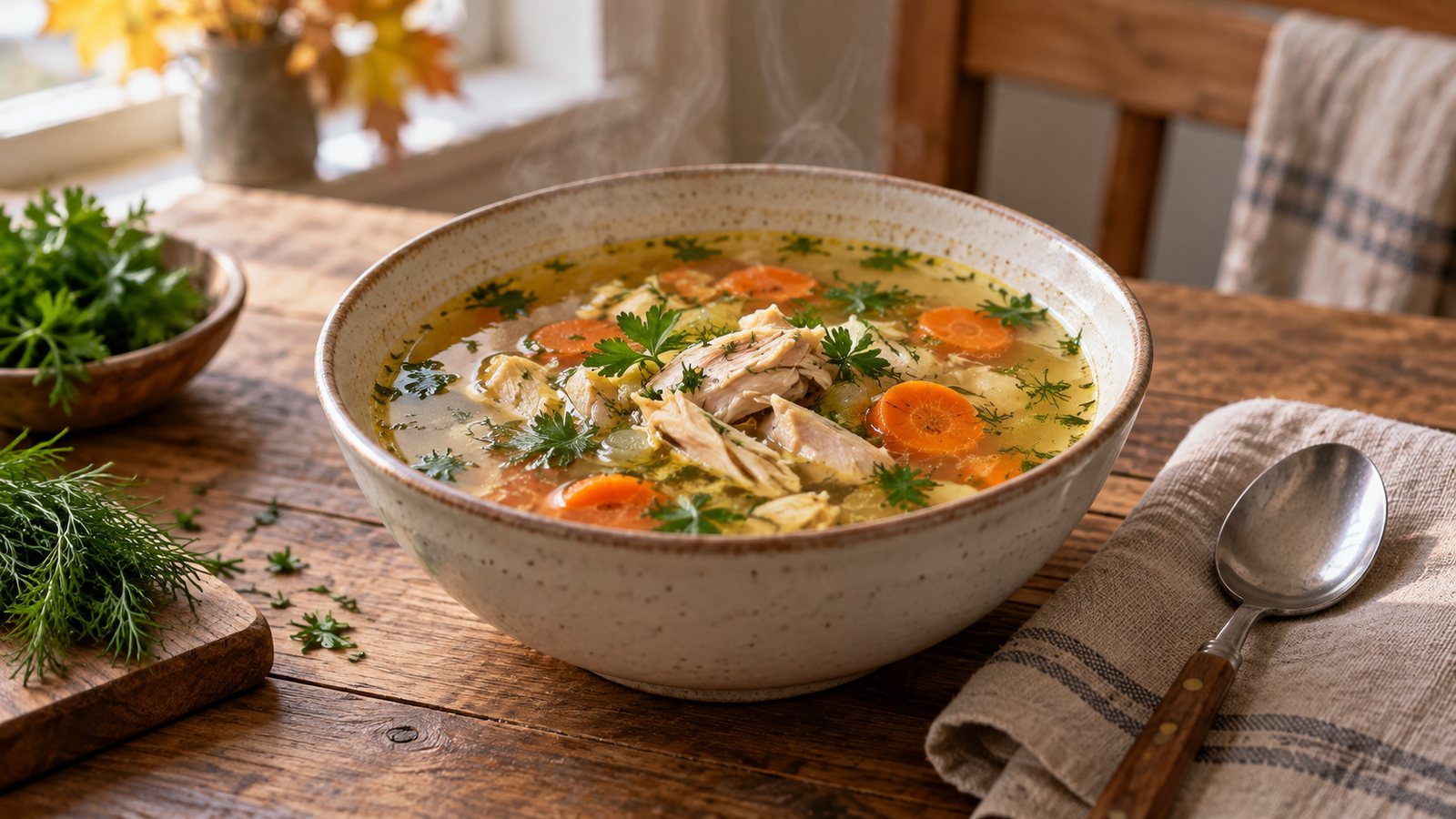 Тарелка куриного супа с морковью и зеленью на деревянном столе.