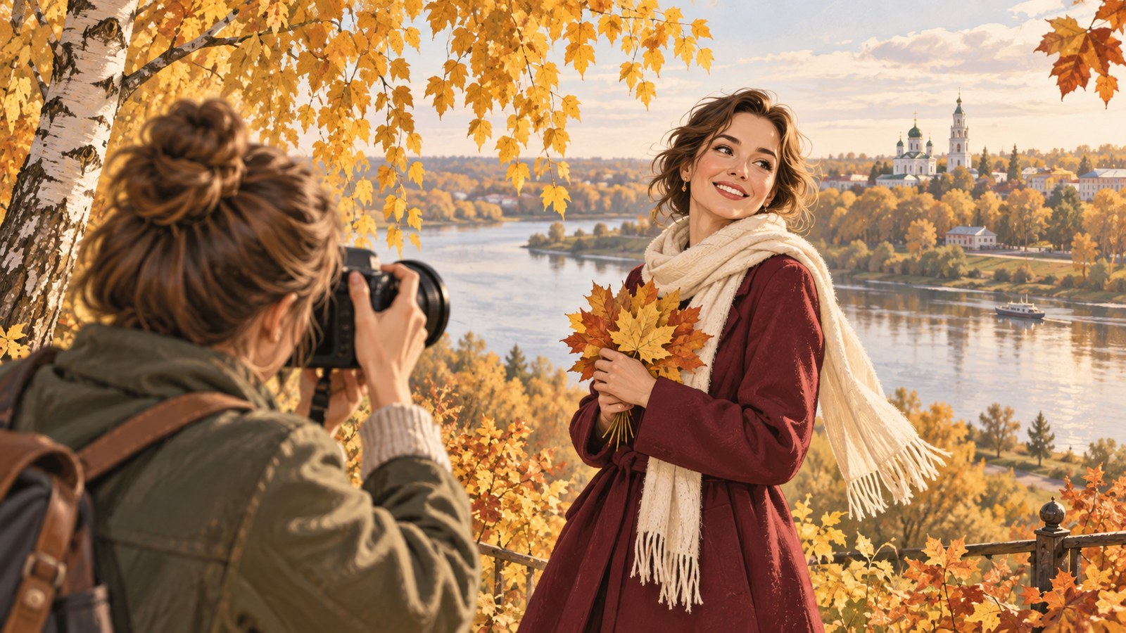 Осенняя фотосессия: девушка с букетом золотых листьев позирует фотографу на фоне реки