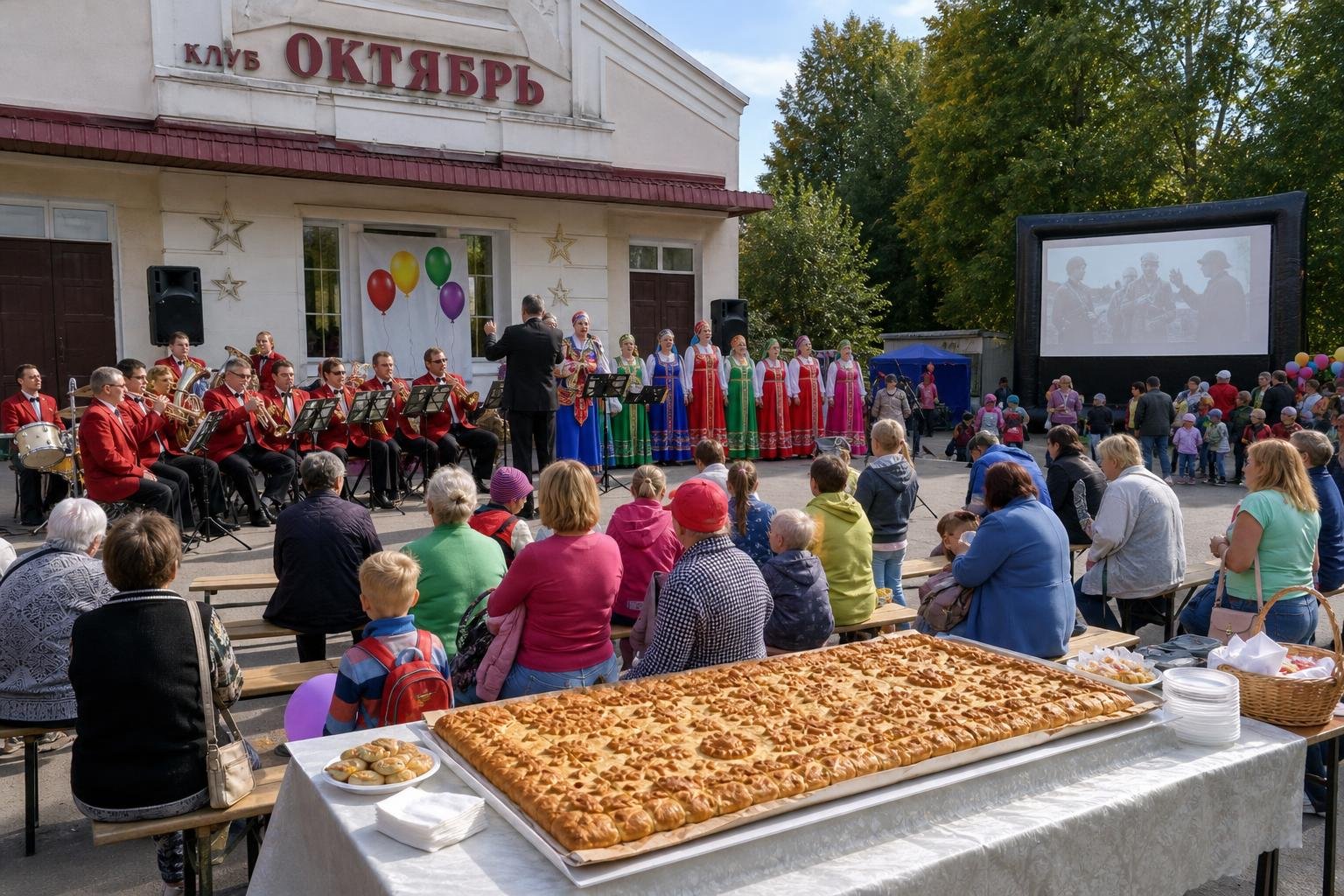 Уличный праздник у здания клуба «Октябрь»: духовой оркестр и певческий коллектив на сцене, зрители на скамьях, большой пирог на столе и надувной экран для показа фильма.