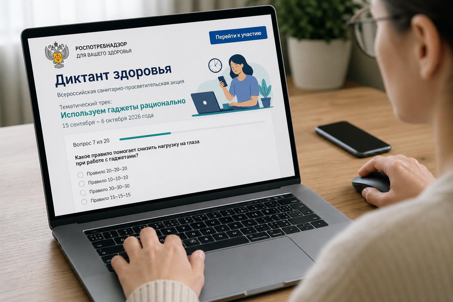 Человек за ноутбуком проходит онлайн‑тест: на экране заголовок «Диктант здоровья», логотип, трек «Используем гаджеты рационально», даты и интерфейс вопроса теста с кнопкой «Перейти к участию».