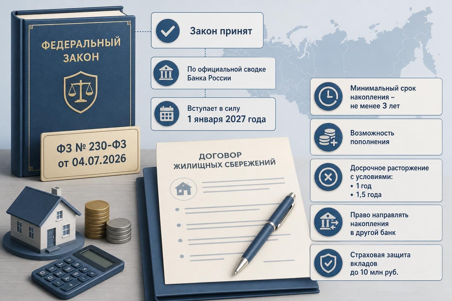 Договор, модель дома, монеты и калькулятор на столе