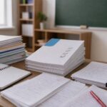 Стопки тетрадей и проверенных работ на учительском столе в классе