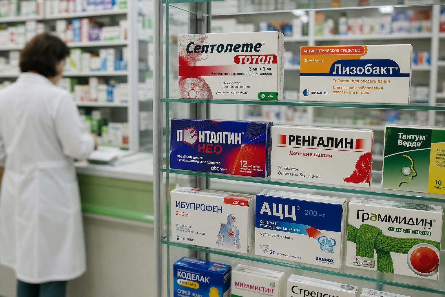 Аптечные стеллажи с упаковками лекарств: «Септолете Тотал», «Лизобакт», «Пенталгин НЕО», «Ренгалин»; на фоне аптека и фармацевт.