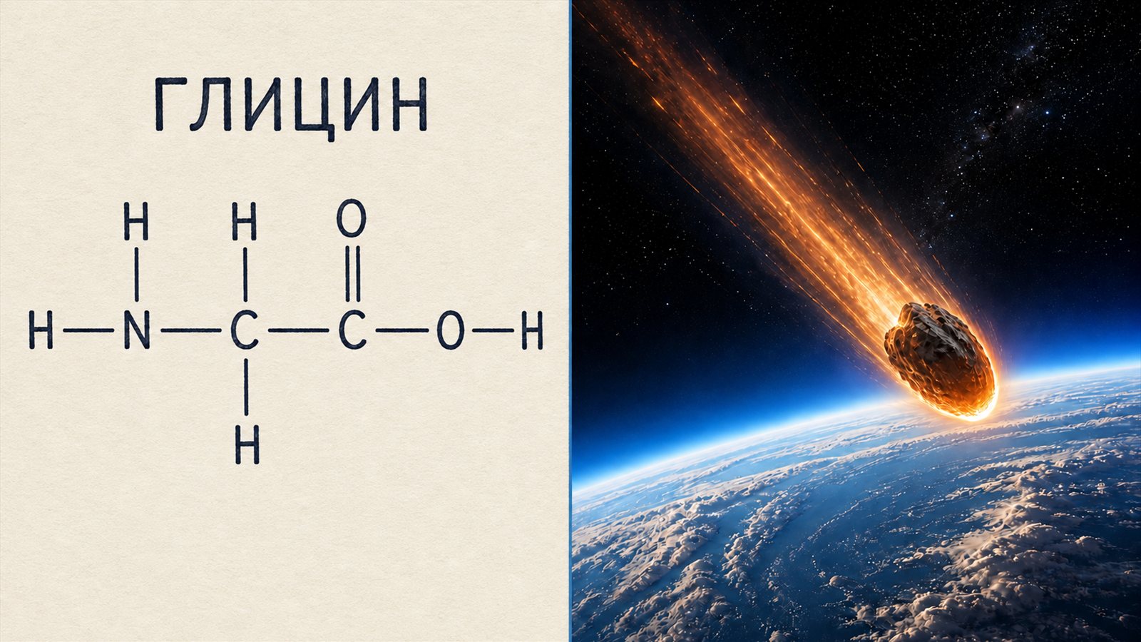 Структурная формула глицина с обозначениями атомов на бумаге и метеорит над Землёй