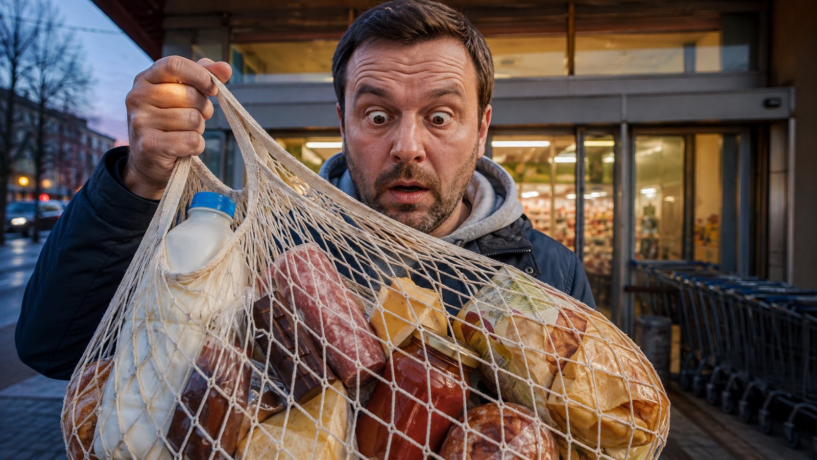 Удивлённый мужчина рассматривает авоську с лишними продуктами у выхода из магазина