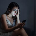 Встревоженная женщина сидит на диване в темной комнате и смотрит на экран смартфона, приложив ладонь ко лбу