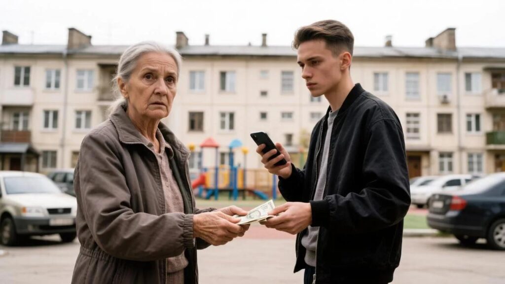 Пожилая женщина передаёт денежные купюры молодому мужчине со смартфоном во дворе жилого дома