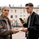 Пожилая женщина передаёт денежные купюры молодому мужчине со смартфоном во дворе жилого дома