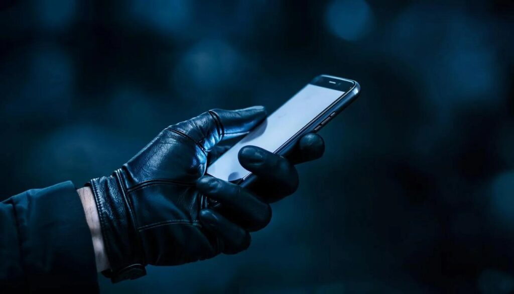 Руки в чёрных кожаных перчатках держат смартфон с ярким экраном