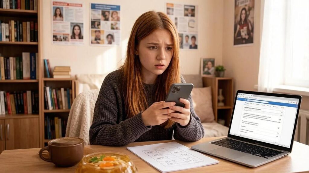 Встревоженная девушка смотрит в смартфон, сидя за столом рядом с открытым ноутбуком, бумагами и чашкой