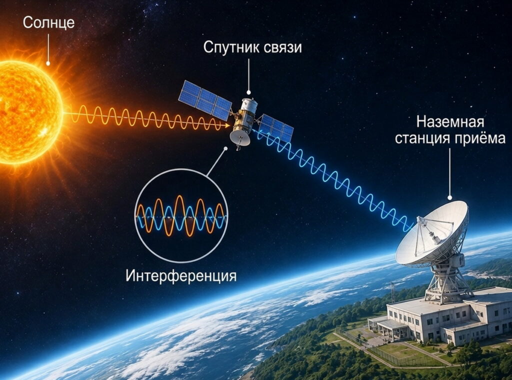 Схема передачи сигнала от спутника к наземной антенне с солнечными радиоволнами и обозначением интерференции