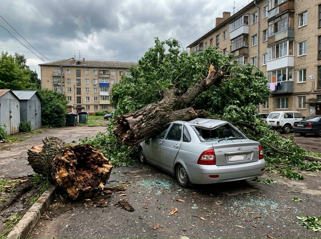 Серебристая легковая Lada, частично придавленная упавшим стволом дерева во дворе многоквартирного дома; разбито стекло, вокруг лежат ветви и обломки.