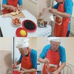 Коллаж из четырёх кадров: мужчина в красном фартуке и белом поварском колпаке нарезает яблоки и готовит домашние заготовки на кухне (консервирование).