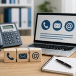 Телефон и ноутбук с иконками телефона и письма на рабочем столе