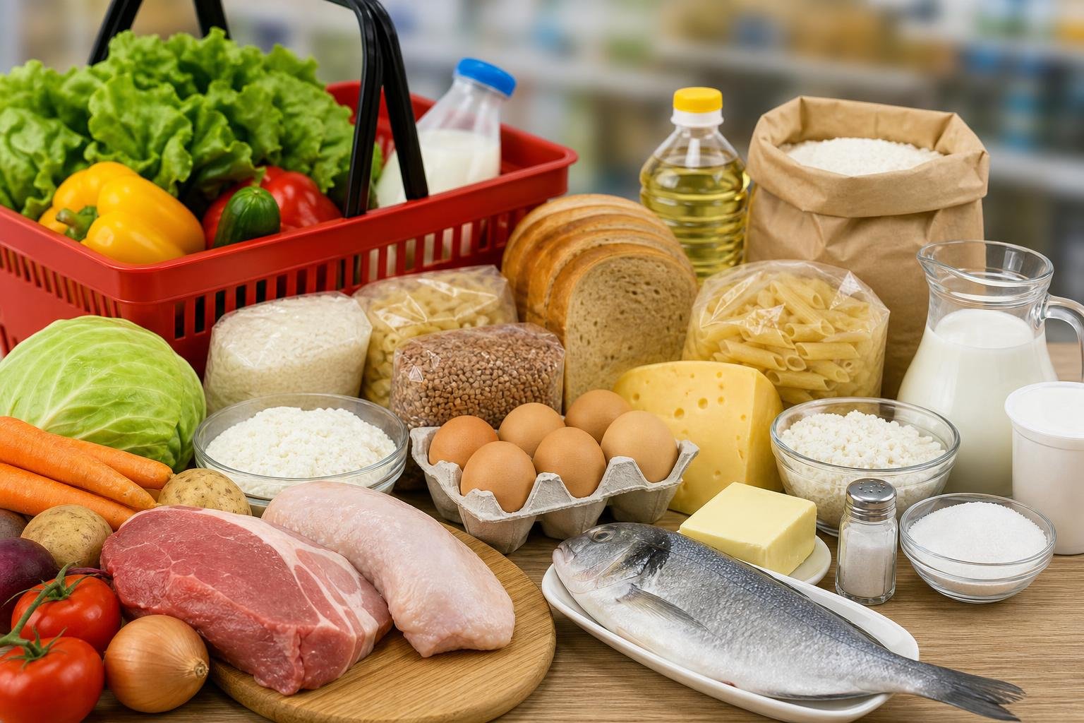 Корзина и продукты на столе: овощи, хлеб, яйца, молоко, масло и рыба