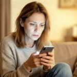 Женщина на диване обеспокоенно смотрит в смартфон