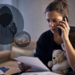Расстроенная женщина с ребёнком держит мобильный телефон и бумаги на столе
