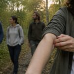 Женщина заметила комара у руки во время сентябрьской прогулки с друзьями по лесу