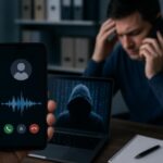 человек разговаривает по телефону на фоне ноутбука, на экране смартфона изображён входящий звонок