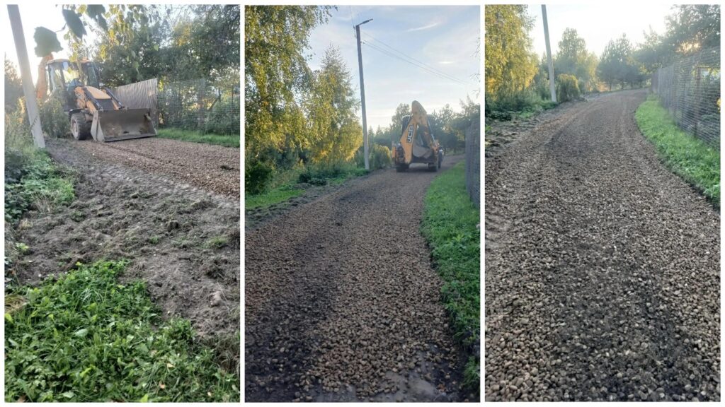 Три вида грунтовой дороги с гравийной подсыпкой: на двух кадрах по ней движется экскаватор-погрузчик.