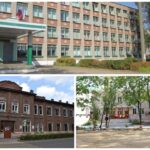 Коллаж из трёх зданий образовательных учреждений: многоэтажной школы, старинного кирпичного корпуса и детского сада с игровой площадкой