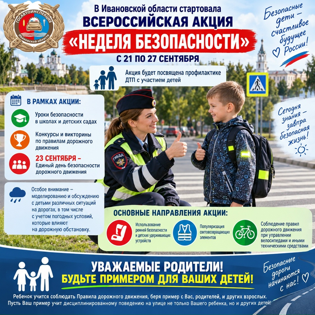 Информплакат: заголовок «Всероссийская акция ‹Неделя безопасности› 21–27 сентября», эмблема Госавтоинспекции Ивановской области; сотрудница ГИБДД беседует с мальчиком на пешеходном переходе; блоки с перечнем мероприятий (уроки, конкурсы, единый день 23 сентября) и иконки: ремни/удерживающие устройства, световозвращающие элементы, велосипеды.