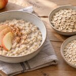Миска овсяной каши с яблоком и две миски сухих овсяных хлопьев разного размера на деревянном столе