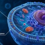 Схематичное строение клетки с подписями ядра, клеточной мембраны и встроенных в неё омега-3
