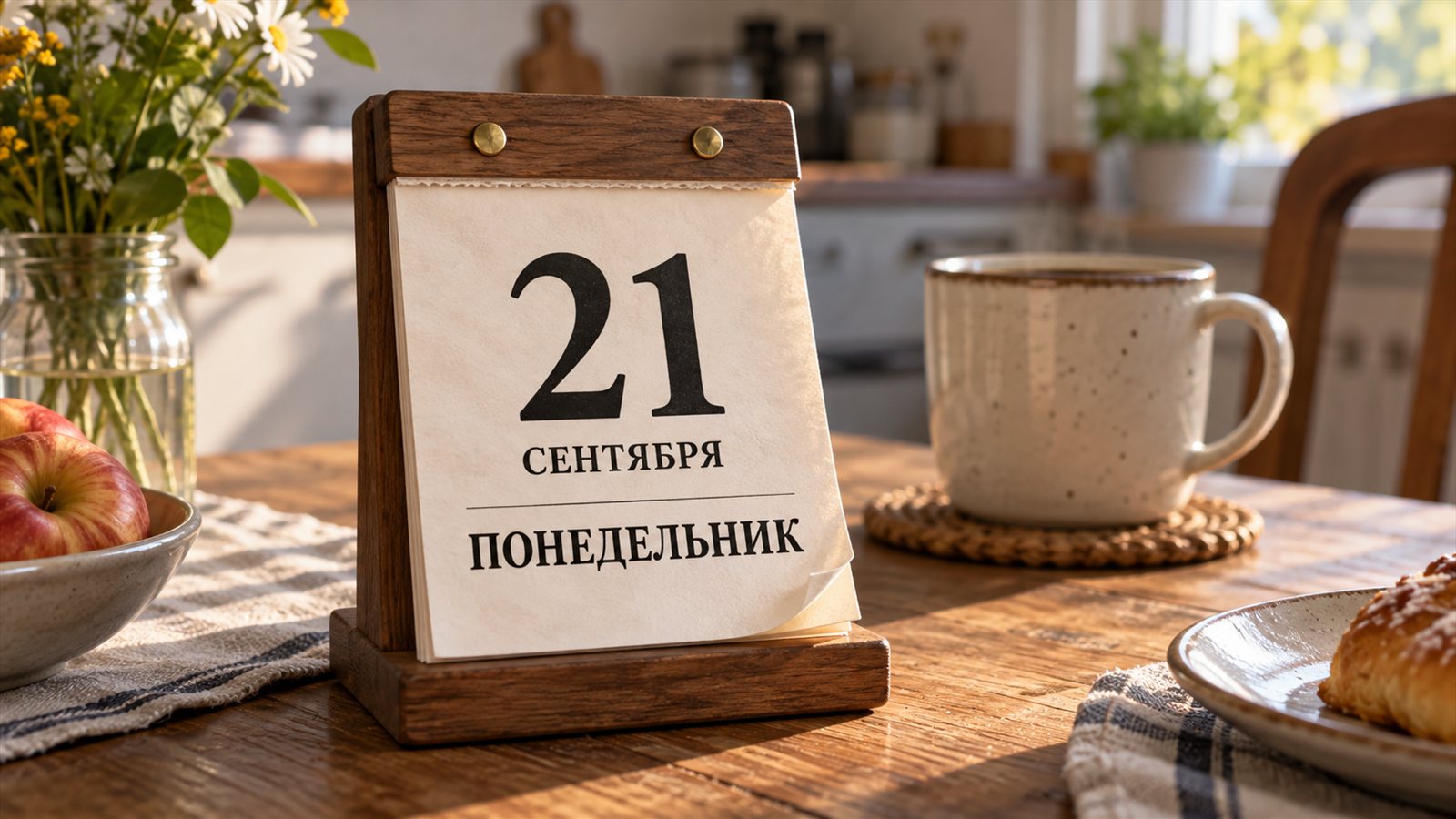 Отрывной календарь на 21 сентября, понедельник, и чашка кофе на деревянном кухонном столе.