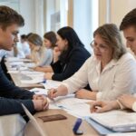 абитуриент общается с сотрудниками приёмной комиссии за столом; видны документы и паспорт