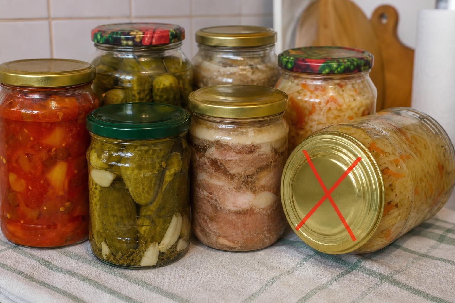 Несколько стеклянных банок с домашними консервами (солёные огурцы, овощи, мясной паштет, квашеная капуста); одна банка лежит на боку с красным крестом на крышке.