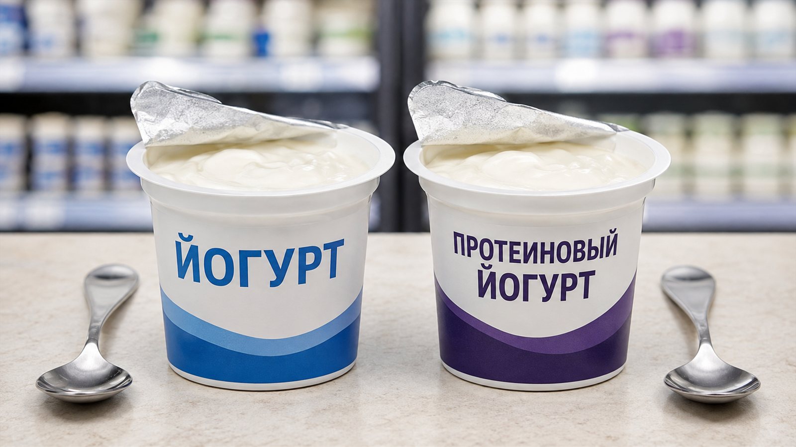Два стаканчика йогурта: обычный и с надписью «Протеиновый йогурт»