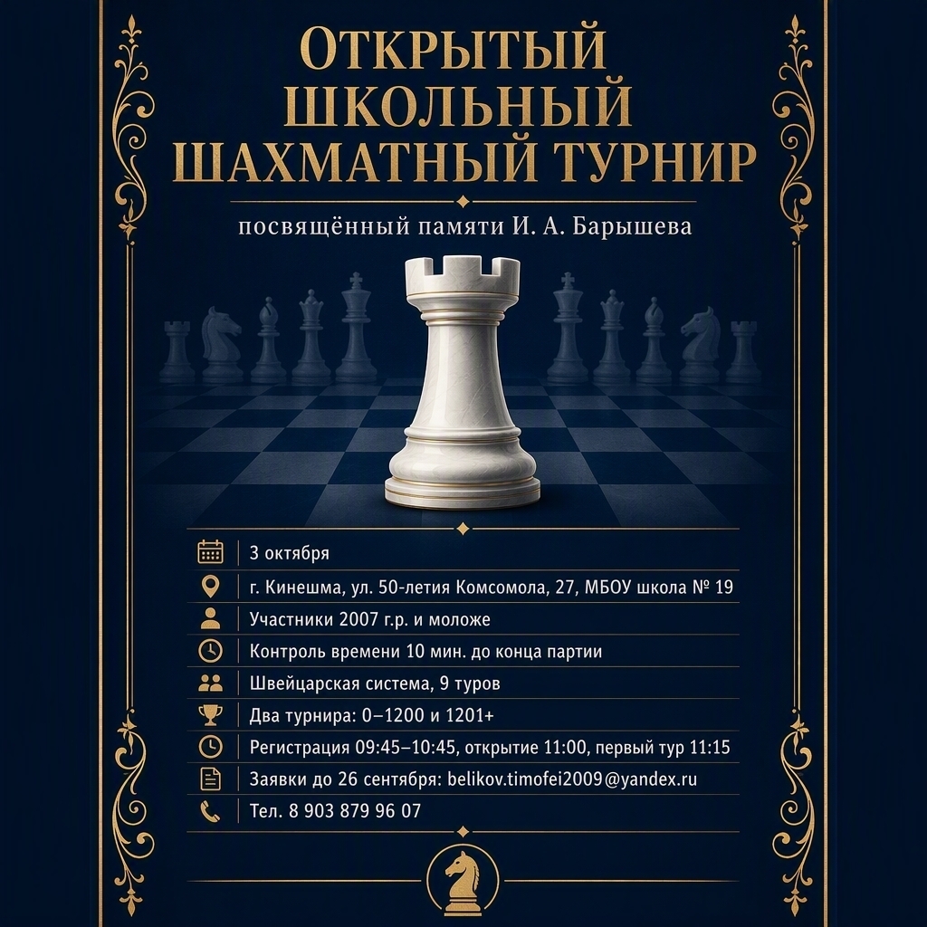 Плакат/афиша: «Открытый школьный шахматный турнир, посвящённый памяти И. А. Барышева»; указаны дата 3 октября, адрес (ул. 50-летия Комсомола, 27, МБОУ школа №19), возраст участников (2007 г.р. и моложе), регламент и контактная информация.