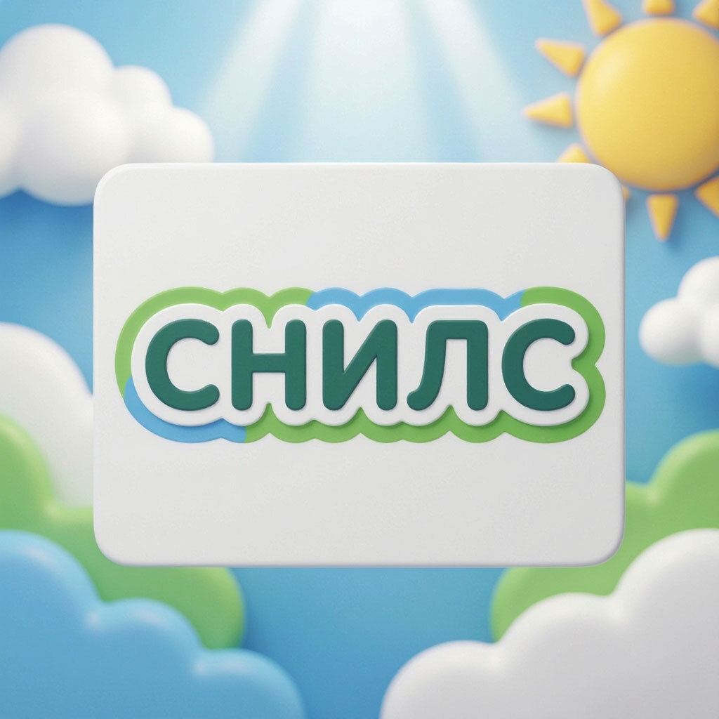 иллюстрация: стилизованная карточка с крупной надписью «СНИЛС» на фоне облаков и солнца