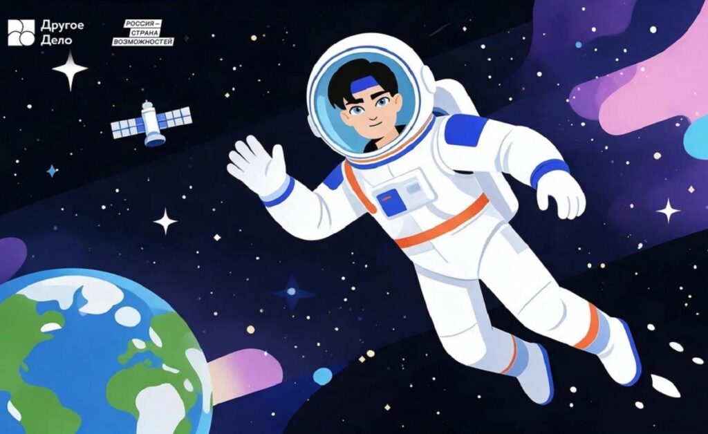 Иллюстрация космонавта в белом скафандре на фоне звёзд, Земли и спутника